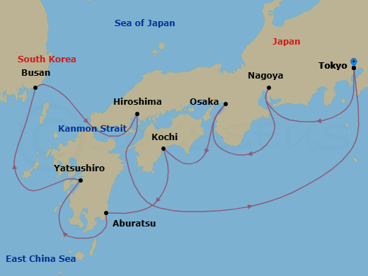 10 Night - Japan Explorer Cherry Blossoms - Sapphire Princess - Starting in Tokyo, Japan, Nagoya, Japan, Osaka (for Kyoto), Japan, Kochi, Japan, Miyazaki (Aburatsu), Japan, Yatsushiro, Japan, Busan, South Korea, Kanmon Straits, Japan, Hiroshima, Japan, Tokyo, Japan itinerary map