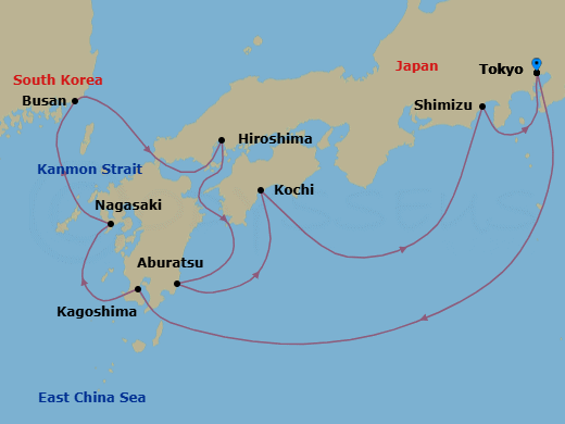 10 Night - Japan Explorer Cherry Blossoms - Sapphire Princess - Starting in Tokyo, Japan, Kagoshima, Japan, Nagasaki, Japan, Busan, South Korea, Kanmon Straits, Japan, Hiroshima, Japan, Miyazaki (Aburatsu), Japan, Kochi, Japan, Shimizu (for Mount Fuji), Japan, Tokyo, Japan itinerary map