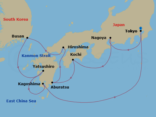 10 Night - Japan Explorer Cherry Blossoms - Sapphire Princess - Starting in Tokyo, Japan, Nagoya, Japan, Kochi, Japan, Miyazaki (Aburatsu), Japan, Hiroshima, Japan, Kanmon Straits, Japan, Busan, South Korea, Yatsushiro, Japan, Kagoshima, Japan, Tokyo, Japan itinerary map