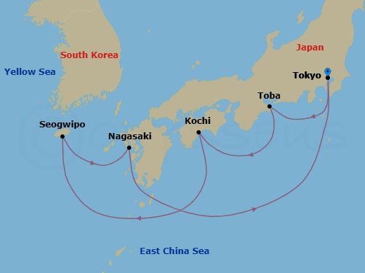 7 Night - Japan & Korea - Sapphire Princess - Starting in Tokyo, Japan, Toba, Japan, Kochi, Japan, Jeju (Seogwipo), South Korea, Nagasaki, Japan, Tokyo, Japan itinerary map