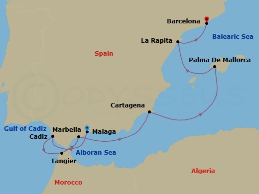 7 Night - Malaga / Barcelona - Ilma - Starting in Malaga, Cadiz, Tangier, Marbella, Cartagena ES, Palma de Mallorca, Mallorca, Balearic Islands, La Rapita, Barcelona itinerary map