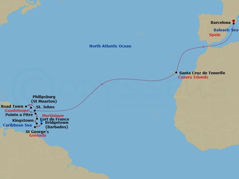 18 Night - Msc Grand Voyages - MSC World Europa - Starting in Bridgetown, Barbados, Saint George, Grenada, Kingstown, St Vincent and the Grenadines, Fort-de-France, Martinique, Pointe-A-Pitre, Guadeloupe, Philipsburg, St Maarten, Road Town (Tortola), British Virgin Islands, St Johns AG, Antigua, Santa Cruz de Tenerife, Barcelona, Spain itinerary map