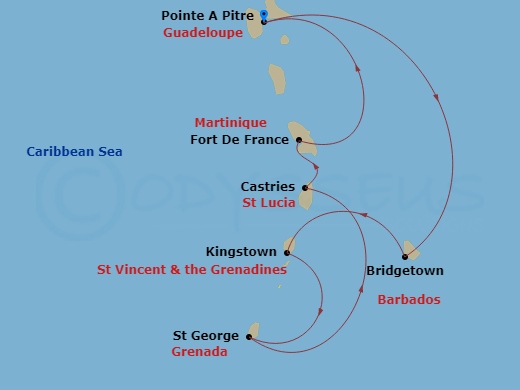 7 Night - South Caribbean - MSC World Europa - Starting in Pointe-A-Pitre, Guadeloupe, Bridgetown, Barbados, Kingstown, St Vincent and the Grenadines, Saint Georges, Granada, Port Castries, Saint Lucia, Fort-de-France, Martinique, Pointe-A-Pitre, Guadeloupe itinerary map