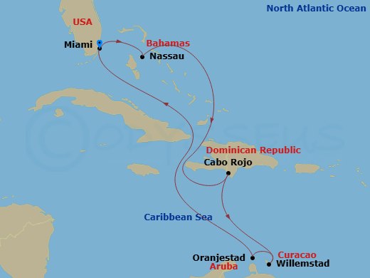 9 Night - Southern Caribbean Cruise - Freedom of the Seas - Starting in Miami, Florida, Nassau, Bahamas, Cabo Rojo, Dominican Republic, Willemstad AN, Curacao, Oranjestad, Aruba, Miami, Florida itinerary map