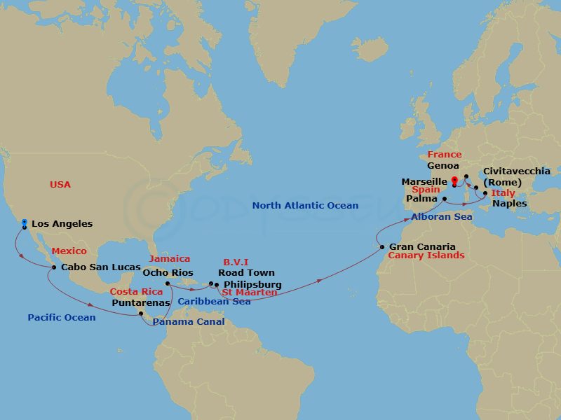 30 Night - Msc World Cruise - MSC Magnifica - Starting in Los Angeles, Cabo San Lucas, Mexico, Puntarenas (San Jose), Costa Rica, Cruising Panama Canal, Ocho Rios, Jamaica, Road Town (Tortola), British Virgin Islands, Philipsburg, Saint Martin, Las Palmas de Gran Canaria (Canary Islands), Spain, Palma De Mallorca (Balearic Islands), Spain, Naples (Pompeii), Italy, Civitavecchia (Rome), Italy, Genoa (Portofino), Italy, Marseille (Provence), France itinerary map