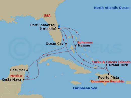 15 Night - Caribbean and Antilles - MSC World Atlantic - Starting in Port Canaveral (Orlando), Florida, Ocean Cay Msc Marine Reserve, Bahamas, Costa Maya, Mexico, Cozumel, Mexico, Nassau, Bahamas, Port Canaveral (Orlando), Florida, Ocean Cay Msc Marine Reserve, Bahamas, Grand Turk Island, Turks and Caicos, Puerto Plata, Dominican Republic, Nassau, Bahamas, Port Canaveral (Orlando), Florida itinerary map