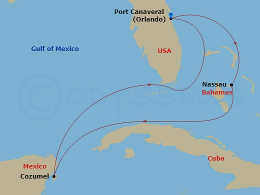 5 Night - Western Caribbean Getaway - Adventure of the Seas - Starting in Orlando (Port Canaveral), Fl, Nassau, Bahamas, Cozumel, Mexico, Orlando (Port Canaveral), Fl itinerary map