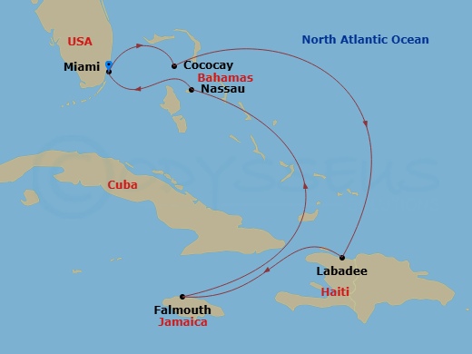 7 Night - Perfect Day Cococay & West Carib - Allure of the Seas - Starting in Miami, Florida, Perfect Day Cococay, Bahamas, Labadee, Haiti, Falmouth, Jamaica, Nassau, Bahamas, Miami, Florida itinerary map