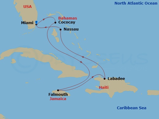 7 Night - Perfect Day Cococay & West Carib - Allure of the Seas - Starting in Miami, Florida, Perfect Day Cococay, Bahamas, Falmouth, Jamaica, Labadee, Haiti, Nassau, Bahamas, Miami, Florida itinerary map