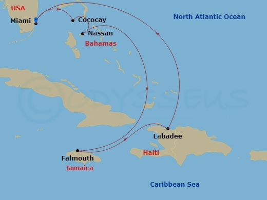 7 Night - Perfect Day Cococay & West Carib - Allure of the Seas - Starting in Miami, Florida, Perfect Day Cococay, Bahamas, Nassau, Bahamas, Falmouth, Jamaica, Labadee, Haiti, Miami, Florida itinerary map
