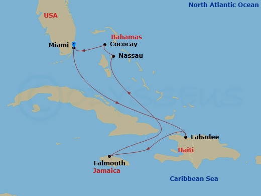 7 Night - Perfect Day Cococay & Carib Holiday - Allure of the Seas - Starting in Miami, Florida, Labadee, Haiti, Falmouth, Jamaica, Nassau, Bahamas, Perfect Day Cococay, Bahamas, Miami, Florida itinerary map