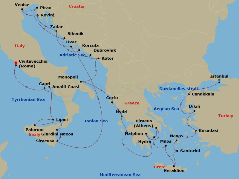 32 Night - Ultimate Voyage : Ancient Empires, Adriatic & Amalfi Coast - Scenic Ikon - Starting in Istanbul, Turkey, Cruising the Dardanelles, Turkey / Kepez (Canakkale), Turkey, Dikili (Pergamum), Turkey, Kusadasi (Ephesus), Turkey, Naxos, Greece, Santorini, Greece, Heraklion, Crete, Greece, Adamas Harbour, Milos, Greece, Hydra, Greece, Piraeus (Athens), Greece, Nafplion, Greece, At Sea / Nydri, Greece, Corfu, Greece, Monopoli, Italy, Kotor, Montenegro / Dubrovnik, Croatia, Dubrovnik, Croatia, Korcula, Croatia, Sibenik, Croatia, Piran, Slovenia, Venice, Italy, Rovinj, Croatia, Zadar, Croatia, Hvar, Croatia, Syracuse IT, Sicily, Italy, Giardini Naxos (Taormina), Sicily, Italy, Palermo, Sicily, Italy, Lipari, Aeolian Islands, Italy, Amalfi, Italy, Capri, Italy, Civitavecchia (Rome), Italy itinerary map