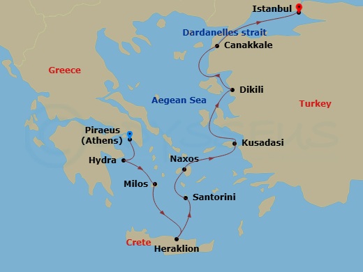 11 Night - Ancient Empires : Athens to Istanbul Loyalty Departure - Scenic Ikon - Starting in Piraeus (Athens), Greece, Hydra, Greece, Adamas Harbour, Milos, Greece, Heraklion, Crete, Greece, Santorini, Greece, Naxos, Greece, Kusadasi (Ephesus), Turkey, Dikili (Pergamum), Turkey, Kepez (Canakkale), Turkey / Cruising the Dardanelles, Turkey, Istanbul, Turkey itinerary map