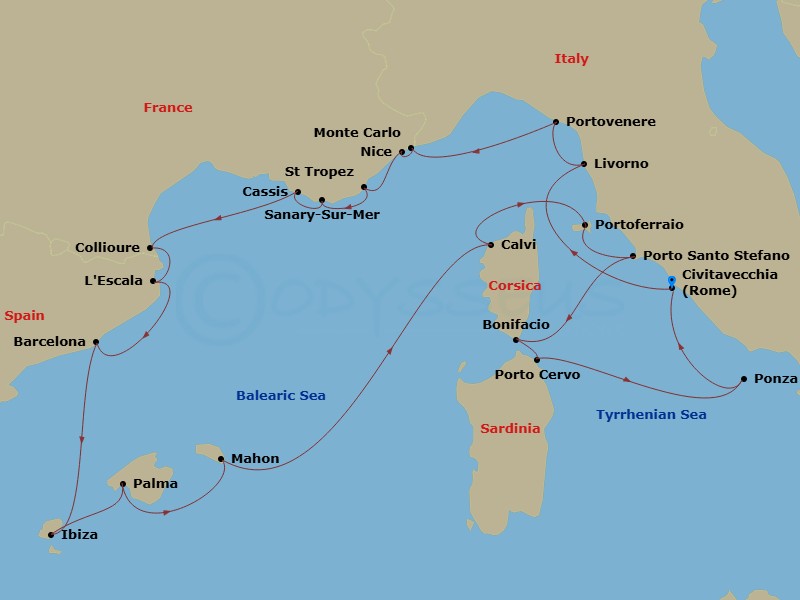 21 Night - Ultimate Italy, French Riviera & the Mediterranean Islands - Scenic Ikon - Starting in Civitavecchia (Rome), Italy, Livorno, Italy, Porto Venere, Italy, Monte Carlo, Monaco, Nice, France, Saint-Tropez, France, Sanary-sur-Mer, France, Cassis, France, Collioure, France, LEscala, Spain, Barcelona, Spain, Ibiza, Spain, Palma De Mallorca, Spain, Mahon, Menorca, Spain, Calvi, Corsica, France, Portoferraio, Elba, Italy, Porto Santo Stefano, Italy, Bonifacio, Corsica, France, Porto Cervo, Sardinia, Italy, Ponza, Italy, Civitavecchia (Rome), Italy itinerary map