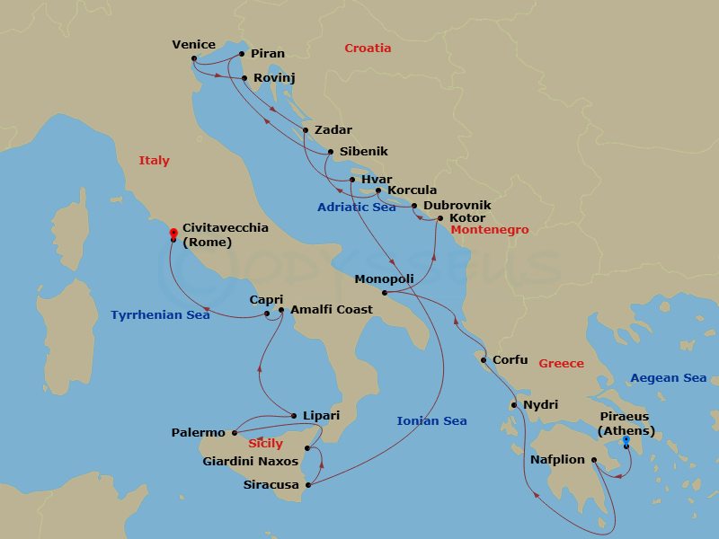21 Night - Ultimate Gems of the Greek Islands, Adriatic & Amalfi Coast - Scenic Ikon - Starting in Piraeus (Athens), Greece, Nafplion, Greece, At Sea / Nydri, Greece, Corfu, Greece, Monopoli, Italy, Kotor, Montenegro / Dubrovnik, Croatia, Dubrovnik, Croatia, Korcula, Croatia, Sibenik, Croatia, Piran, Slovenia, Venice, Italy, Rovinj, Croatia, Zadar, Croatia, Hvar, Croatia, Syracuse IT, Sicily, Italy, Giardini Naxos (Taormina), Sicily, Italy, Palermo, Sicily, Italy, Lipari, Aeolian Islands, Italy, Amalfi, Italy, Capri, Italy, Civitavecchia (Rome), Italy itinerary map