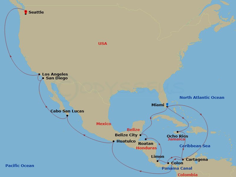 29 Night - Msc Grand Voyages - MSC Poesia - Starting in Miami, Florida, Ocho Rios, Jamaica, Cartagena CO, Colon, Panama, Puerto Limon, Costa Rica, Isla De Roatan, Honduras, Belize City, Belize, Miami, Florida, Cartagena CO, Colon, Panama, Cruising Panama Canal, Huatulco, Mexico, Cabo San Lucas, Mexico, San Diego, Los Angeles, Seattle, Washington itinerary map