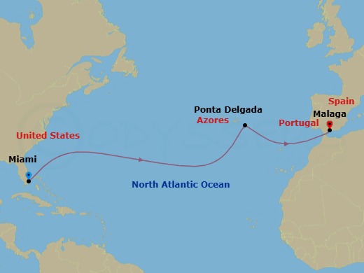 13 Night - Miami, Florida / Malaga - Ilma - Starting in Miami, Florida, Ponta Delgada, Sao Miguel Island, Azores, Malaga itinerary map