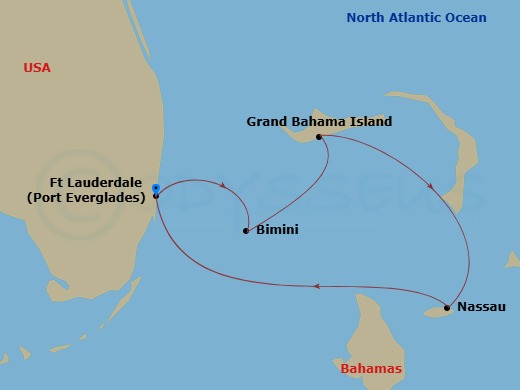 4 Night - Bahamas Getaway Cruise - Jewel of the Seas - Starting in Fort Lauderdale, Florida, Bimini, Bahamas, Grand Bahama Island, Bahamas, Nassau, Bahamas, Fort Lauderdale, Florida itinerary map
