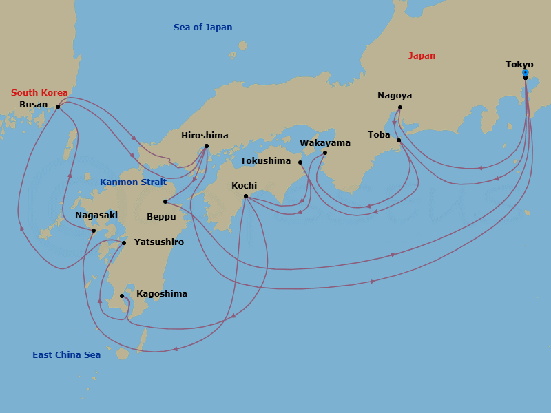 22 Night - Grand Japan Cherry Blossoms - Sapphire Princess - Starting in Tokyo, Japan, Nagoya, Japan, Toba, Japan, Tokushima, Japan, Kochi, Japan, Nagasaki, Japan, Busan, South Korea, Kanmon Straits, Japan, Hiroshima, Japan, Beppu, Japan, Tokyo, Japan, Toba, Japan, Wakayama, Japan, Kochi, Japan, Kagoshima, Japan, Yatsushiro, Japan, Busan, South Korea, Kanmon Straits, Japan, Hiroshima, Japan, Tokyo, Japan itinerary map