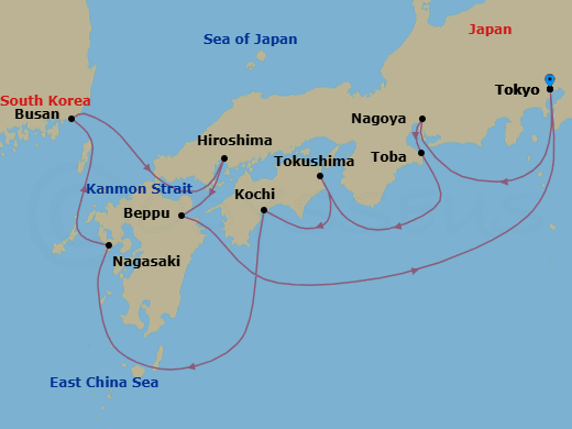 12 Night - Japan Explorer Cherry Blossoms - Sapphire Princess - Starting in Tokyo, Japan, Nagoya, Japan, Toba, Japan, Tokushima, Japan, Kochi, Japan, Nagasaki, Japan, Busan, South Korea, Kanmon Straits, Japan, Hiroshima, Japan, Beppu, Japan, Tokyo, Japan itinerary map