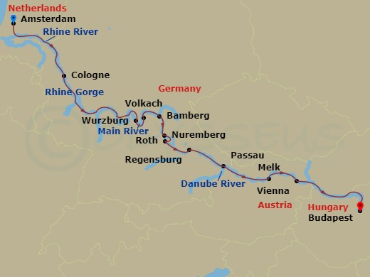 14 Night - Magnificent Europe - Avalon Impression - Starting in Amsterdam, the Netherlands (Embarkation), Amsterdam, Cologne, Germany, Rhine Gorge / Rudesheim, Miltenberg, Wurzburg, Volkach, Bamberg, Nuremberg, Regensburg, Passau, Melk / Wachau Valley, Vienna, Budapest, Hungary, Budapest (Disembarkation) itinerary map