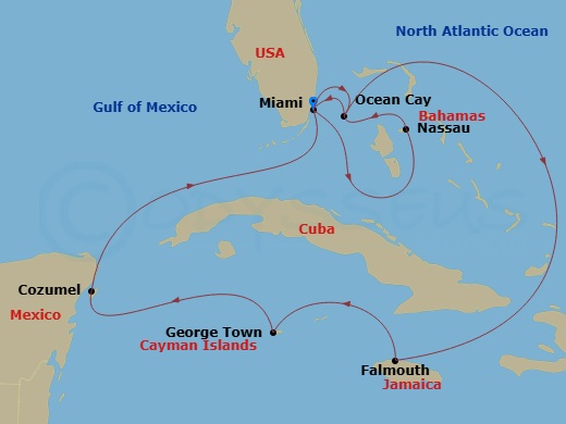 11 Night - Caribbean and Antilles - MSC Seaside - Starting in Miami, Florida, Ocean Cay Msc Marine Reserve, Bahamas, Falmouth, Jamaica, George Town, Cayman Islands, Cozumel, Mexico, Miami, Florida, Nassau, Bahamas, Ocean Cay Msc Marine Reserve, Bahamas, Miami, Florida itinerary map