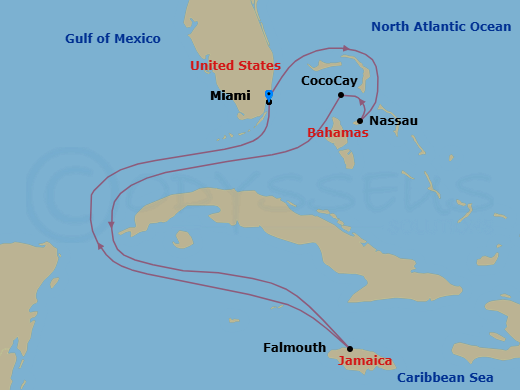 7 Night - Western Caribbean & Perfect Day - Allure of the Seas - Starting in Miami, Florida, Nassau, Bahamas, Perfect Day Cococay, Bahamas, Falmouth, Jamaica, Miami, Florida itinerary map
