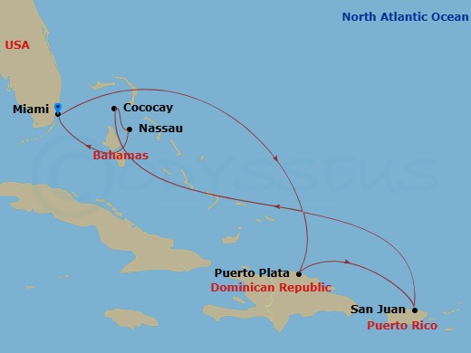 7 Night - Eastern Carib & Perfect Day Holiday - Allure of the Seas - Starting in Miami, Florida, Puerto Plata, Dominican Republic, San Juan, Puerto Rico, Perfect Day Cococay, Bahamas, Nassau, Bahamas, Miami, Florida itinerary map