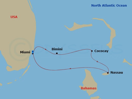 5 Night - Bahamas & Perfect Day Cruise - Freedom of the Seas - Starting in Miami, Florida, Bimini, Bahamas, Perfect Day Cococay, Bahamas, Nassau, Bahamas, Miami, Florida itinerary map