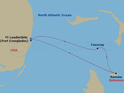 4 Night - Bahamas & Perfect Day Cruise - Oasis of the Seas - Starting in Fort Lauderdale, Florida, Perfect Day Cococay, Bahamas, Nassau, Bahamas, Fort Lauderdale, Florida itinerary map