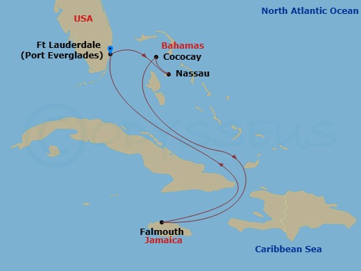 7 Night - Western Carib & Perfect Day Holiday - Oasis of the Seas - Starting in Fort Lauderdale, Florida, Nassau, Bahamas, Perfect Day Cococay, Bahamas, Falmouth, Jamaica, Fort Lauderdale, Florida itinerary map