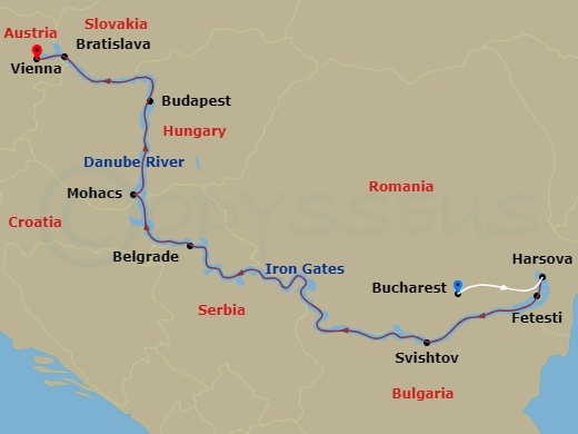 10 Night - 1.200 Miles On the Beautiful Blue Danube - MS Amadeus Amara - Starting in Bucharest, Harsova, Fetesti, Svishtov, Iron Gates, Belgrade, Mohacs, Budapest, Bratislava, Vienna itinerary map