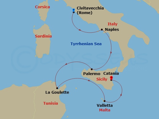 5 Night - Eastern Mediterranean from Civitavecchia - Costa Fascinosa - Starting in Civitavecchia (Rome), Napoli, Palermo, La Goulette, Malta / La Valletta, Catania itinerary map