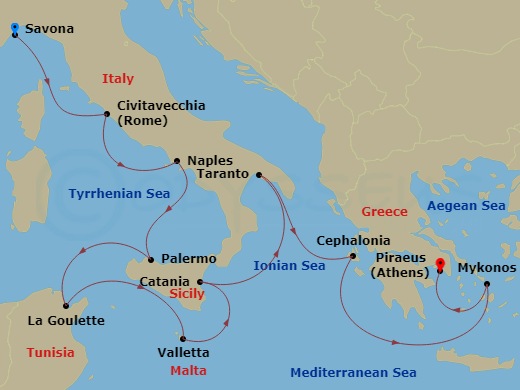10 Night - Eastern Mediterranean from Savona - Costa Fascinosa - Starting in Savona, Civitavecchia (Rome), Napoli, Palermo, La Goulette, Malta / La Valletta, Catania, Taranto, Argostoli / Cephalonia, Mykonos, Athens (Piraeus) itinerary map