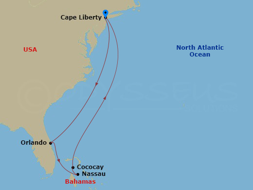 7 Night - Perfect Day Bahamas Cruise - Oasis of the Seas - Starting in Cape Liberty, Nj (Ny Metro), Orlando (Port Canaveral), Fl, Nassau, Bahamas, Perfect Day Cococay, Bahamas, Cape Liberty, Nj (Ny Metro) itinerary map