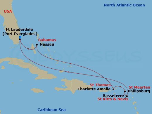 8 Night - Eastern Caribbean Cruise - Allure of the Seas - Starting in Fort Lauderdale, Florida, Basseterre, St Kitts and Nevis, Philipsburg, St Maarten, Charlotte Amalie, St Thomas, Nassau, Bahamas, Fort Lauderdale, Florida itinerary map