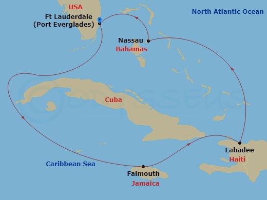 6 Night - Western Caribbean Cruise - Adventure of the Seas - Starting in Fort Lauderdale, Florida, Falmouth, Jamaica, Labadee, Haiti, Nassau, Bahamas, Fort Lauderdale, Florida itinerary map