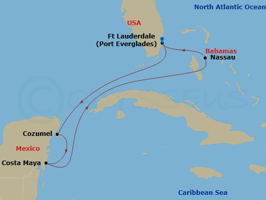 6 Night - Western Caribbean Cruise - Adventure of the Seas - Starting in Fort Lauderdale, Florida, Cozumel, Mexico, Puerto Costa Maya, Mexico, Nassau, Bahamas, Fort Lauderdale, Florida itinerary map