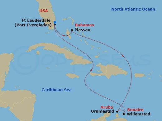 8 Night - Southern Caribbean Cruise - Adventure of the Seas - Starting in Fort Lauderdale, Florida, Nassau, Bahamas, Oranjestad, Aruba, Willemstad AN, Curacao, Fort Lauderdale, Florida itinerary map