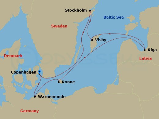 7 Night - Northern Europe - MSC Magnifica - Starting in Copenhagen, Denmark, Warnemunde (Berlin), Germany, Ronne, Denmark, Riga, Latvia, Visby, Sweden, Stockholm, Sweden, Copenhagen, Denmark itinerary map