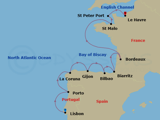 12 Night - Wines of France & Iberia - Oceania Marina - Starting in Lisbon, Oporto, La Coruna, Gijon, Spain, Bilbao, Biarritz (Saint-Jean-De-Luz), Bordeaux, Saint-malo, St Peter Port, Guernsey, Paris (Le Havre) itinerary map