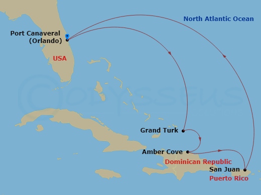 7 Night - Eastern Caribbean with Puerto Rico - Caribbean Princess - Starting in Port Canaveral (Orlando), Florida, Grand Turk, Turks and Caicos, Amber Cove, Dominican Republic, San Juan, Puerto Rico, Port Canaveral (Orlando), Florida itinerary map