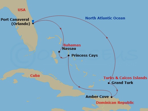 7 Night - Eastern Caribbean with Turks & Caicos - Caribbean Princess - Starting in Port Canaveral (Orlando), Florida, Nassau, Bahamas, Princess Cays, Bahamas, Amber Cove, Dominican Republic, Grand Turk, Turks and Caicos, Port Canaveral (Orlando), Florida itinerary map