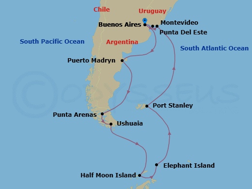 18 Night - Colossal Coastlines - Seven Seas Mariner - Starting in Buenos Aires, Cruising the Atlantic Ocean, Puerto Madryn, Cruising the Atlantic Ocean, Punta Arenas, Ushuaia, Cruising the Drake Passage, Cruising by Half Moon Islands, Cruising Admiralty Bay, Cruising by Elephant Island (Cape Lookout), Cruising the Atlantic Ocean, Port Stanley, Cruising the Atlantic Ocean, Punta Del Este, Montevideo, Buenos Aires itinerary map