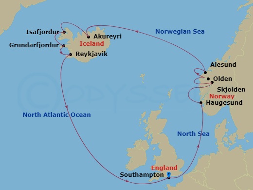 14 Night - Iceland & Norway - Sky Princess - Starting in Southampton (for London), England, Haugesund, Norway, Skjolden / Sognefjord, Norway, Olden, Norway, Alesund, Norway, Akureyri, Iceland, Isafjordur, Iceland, Grundarfjordur, Iceland, Reykjavik, Iceland, Southampton (for London), England itinerary map