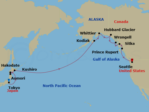 19 Night - Bering Sea Explorer - Oceania Riviera - Starting in Tokyo, Aomori, Hakodate (Hokkaido), Kushiro (Hokkaido), Intl Date Line East, Kodiak, Anchorage (Whittier), Cruising Hubbard Glacier, Sitka, Wrangell, Prince Rupert, Seattle itinerary map