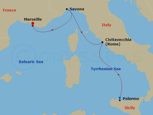 3 Night - Western Mediterranean from Palermo - Costa Smeralda - Starting in Palermo, Civitavecchia (Rome), Savona, Marseille itinerary map