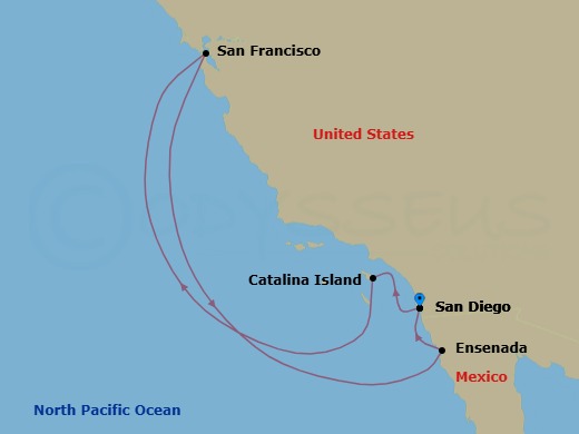 7 Night - Dvc Charter - Disney Wonder - Starting in San Diego, Catalina, San Francisco, Ensenada, San Diego itinerary map