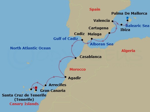 16 Night - Europe from Palma De Mallorca to Gran Canaria - Sea Cloud Spirit - Starting in Palma De Mallorca, Ibiza City / Ibiza, Valencia, Cartagena ES, Malaga, Cadiz, Casablanca, Agadir, Arrecife / Lanzarote, Santa Cruz de Tenerife, Las Palmas / Gran Canaria itinerary map