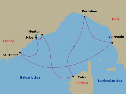 7 Night - Western Mediterranean Roundtrip from Nice - Sea Cloud Spirit - Starting in Nice, Morning Under Full Sails with Sea Cloud II, St Tropez, Viareggio, Portofino, Calvi / Corsica, Menton, Nice itinerary map